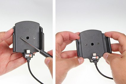 Uchwyt uniwersalny regulowany do smartfonów bez futerału oraz w futerale lub etui o wymiarach: 75-89 mm (szer.), 12-16 mm (grubość) z wbudowanym kablem USB-C oraz ładowarką samochodową