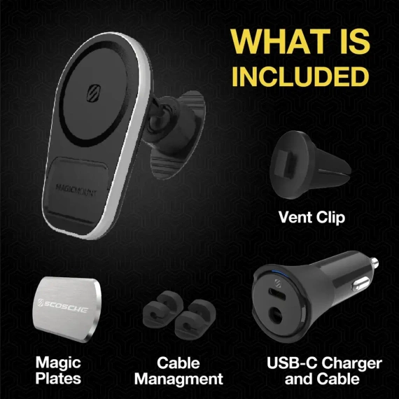 Scosche MagicMount™ Pro Charge5 Dash/Vent uchwyt magnetyczny, indukcyjny do montażu na szybie / desce auta / w biurze z uniwersalną płytką mocującą / MagSafe