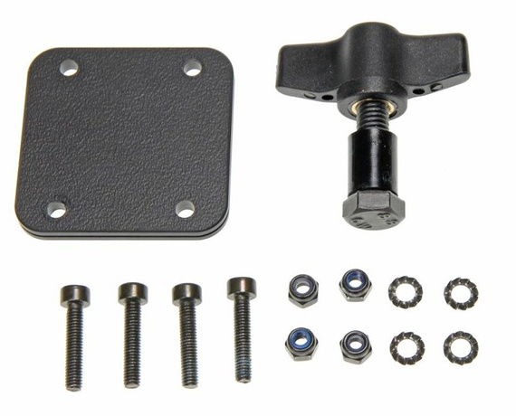 Nakrętka motylkowa ze śrubą oraz płytka montażowa z otworami w systemie AMPs